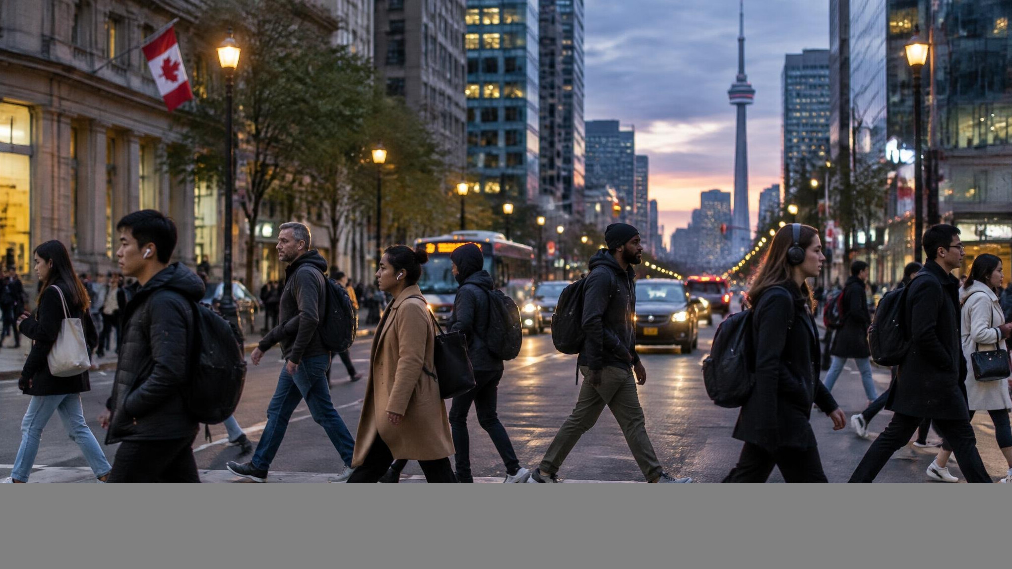 Pedestrians crossing a busy downtown street at dusk
