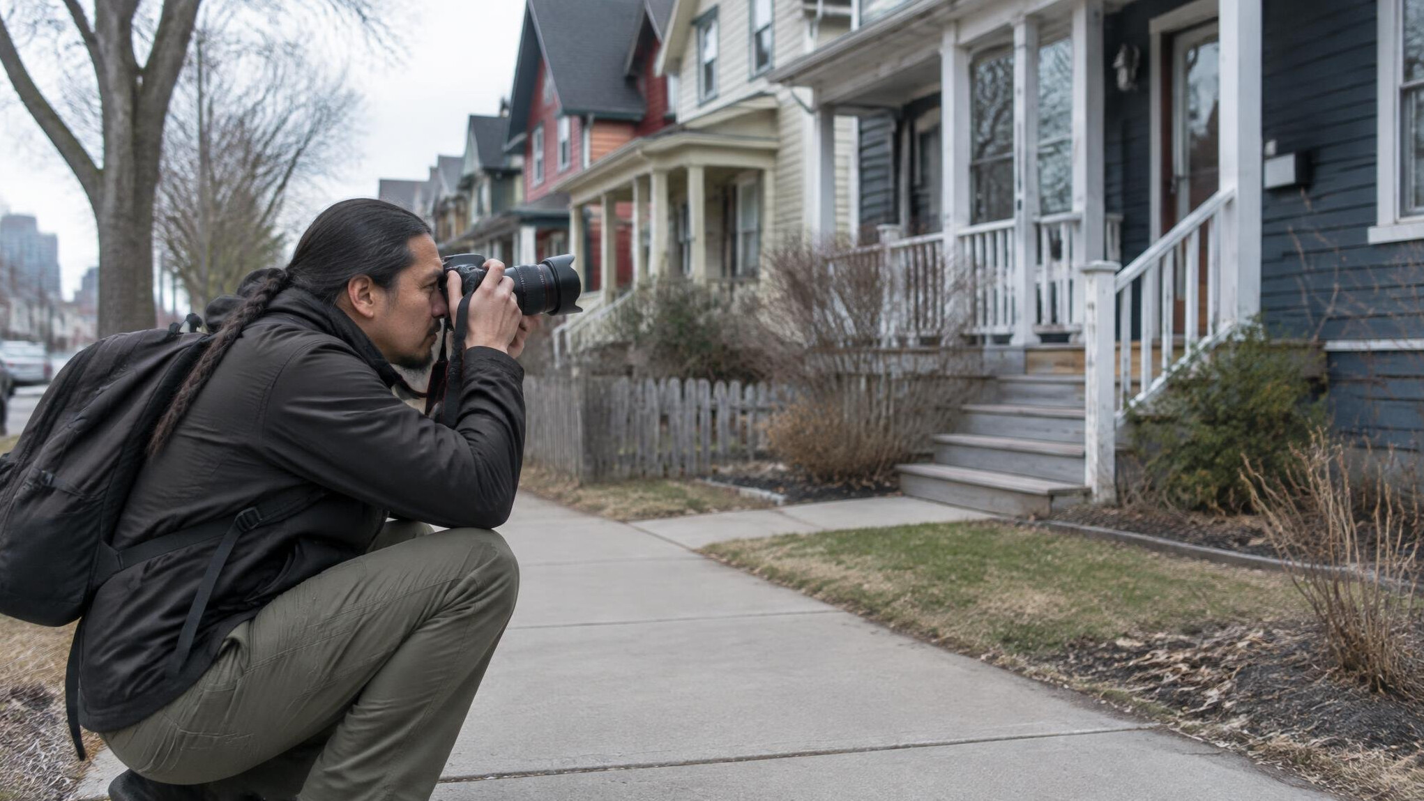 An Indigenous man photographing a row of houses on a city street