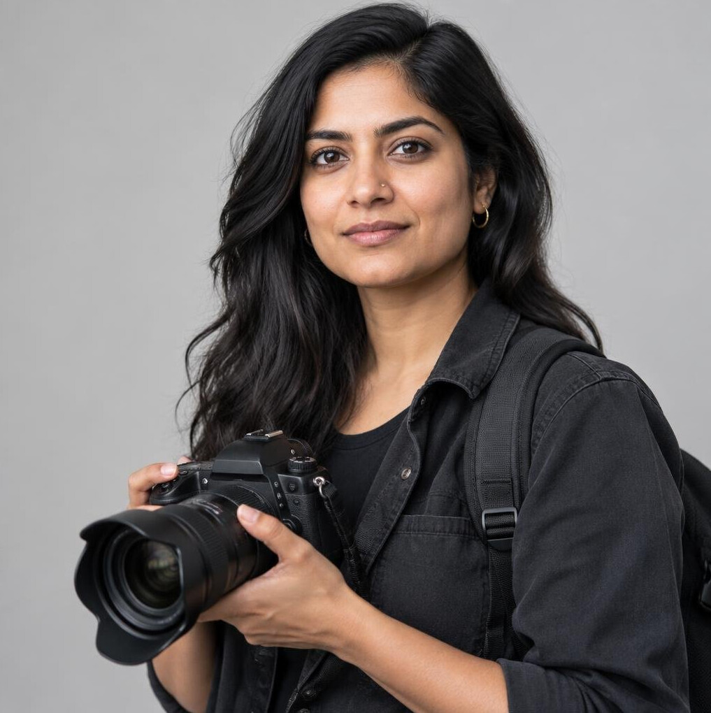 Studio portrait of a South Asian woman documentary photographer holding a camera