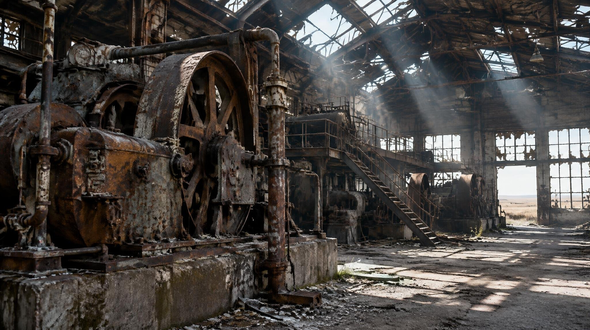 Rusted machinery inside a derelict factory