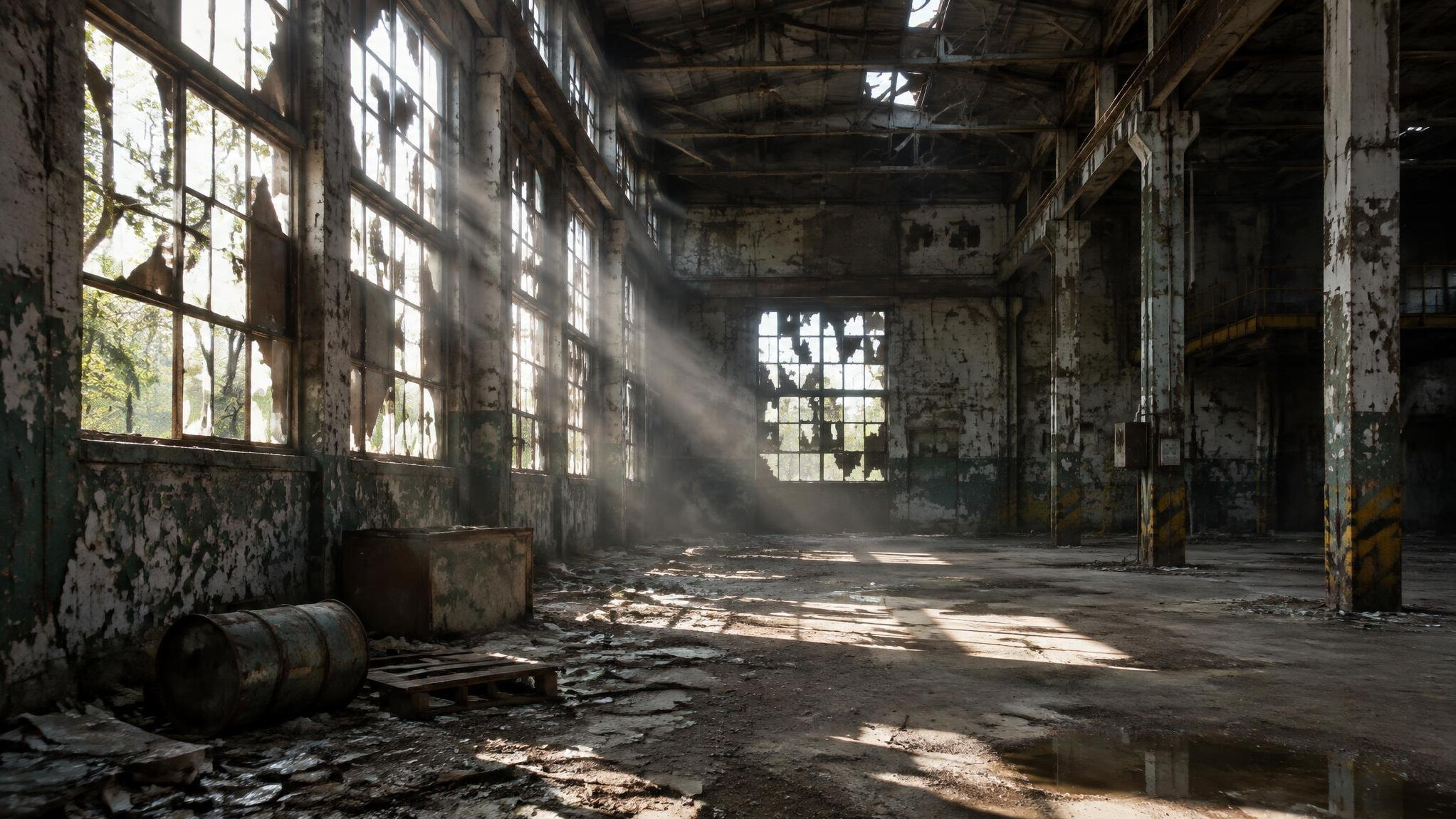 Interior of an abandoned warehouse with peeling paint