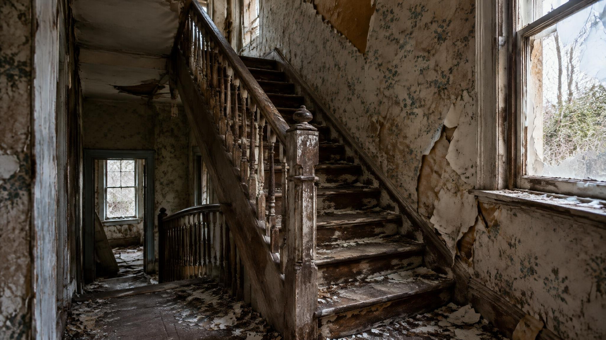 A decaying staircase inside an abandoned building