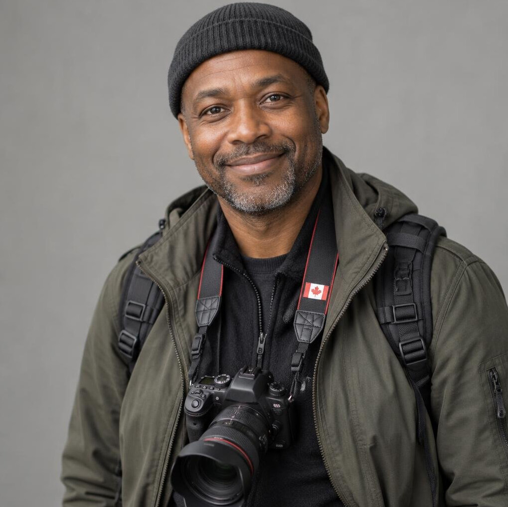 Studio portrait of a Black man photojournalist with a camera around his neck